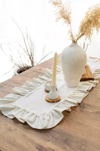 Rufle I Runner Naturel Fırfırlı Pamuk Keten Vintage  X  Cm