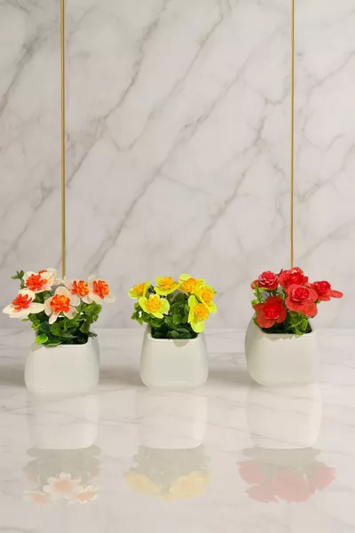 زهور صناعية صغيرة في أصيص، 3 قطع، ديكور طاولة زهور صناعية واقعية