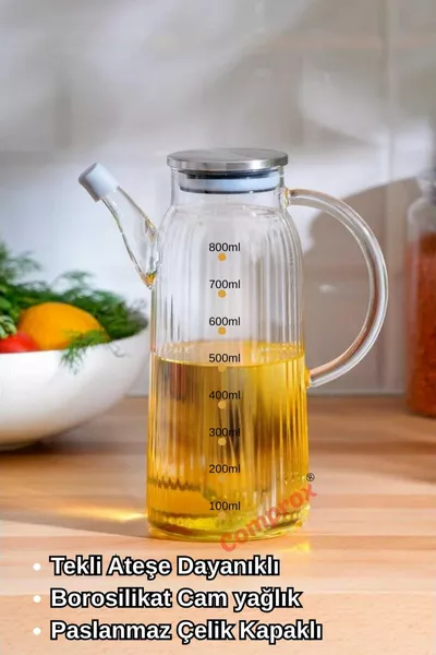 Çelik Kapaklı Vakumlu Borosilikat 3'lü Set Cam Yağlık Sirkelik Bambu Altlık - Yağdanlık