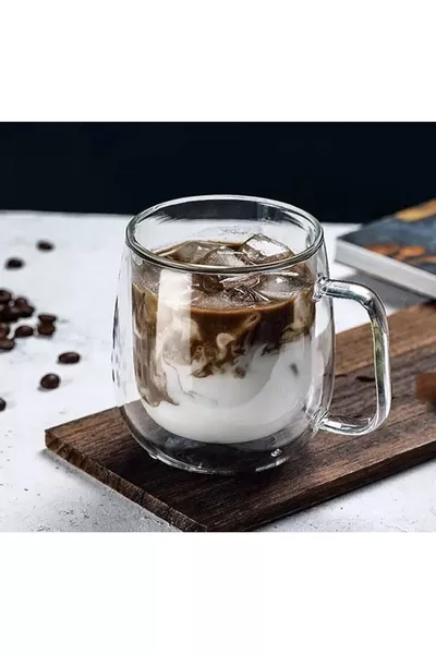 2 كوب زجاجي مزدوج الجدار مزدوج الزجاج بسعة  مل للمنزل والمكتب، كوب مزدوج الطبقة مع عازل حراري ومقبض