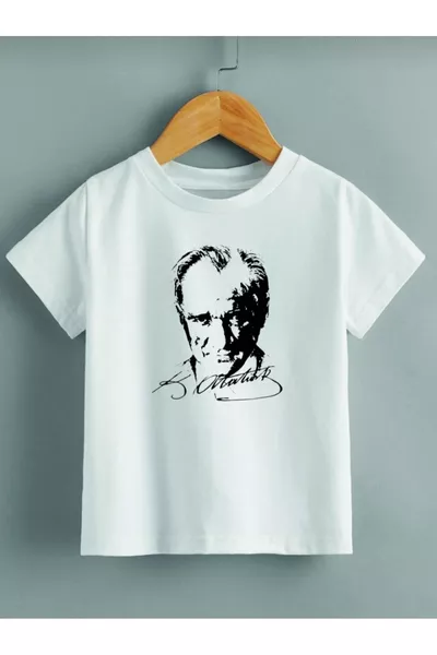 تيشيرت أبيض للأطفال من القطن بطباعة أتاتورك