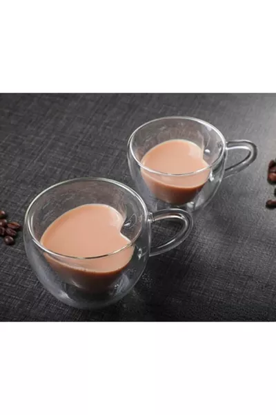 2 Adet - Kalpli Çift Cidarlı Şeffaf Espresso Cam Bardak Ofis Ev Kahve  ML