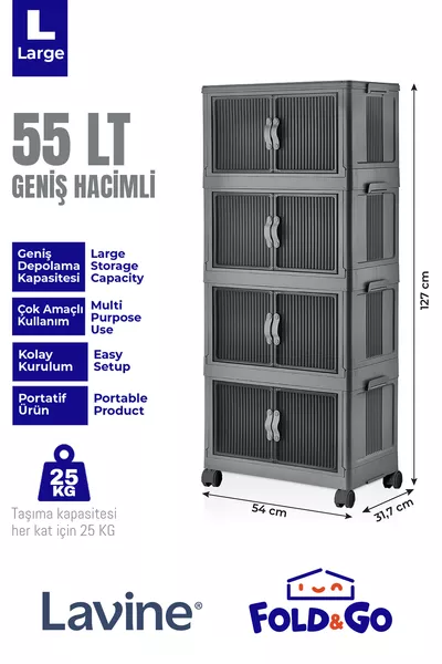 Lavine Fold&go 4'lü Portatif Organizer Tekerlekli Dolap Çok Amaçlı Kapaklı Katlanır ”antrasit”