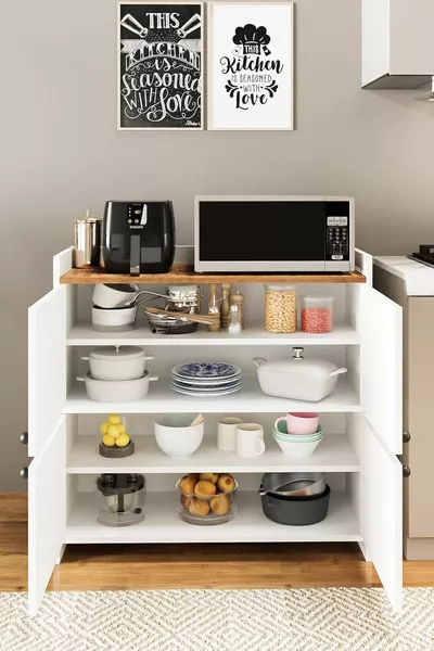  FORUM BIANCO/PINO ARMADIO MULTIUSO CON 4 ANTE E 4 RIPIANI, SCARPIERA, ANGOLO CAFFÈ