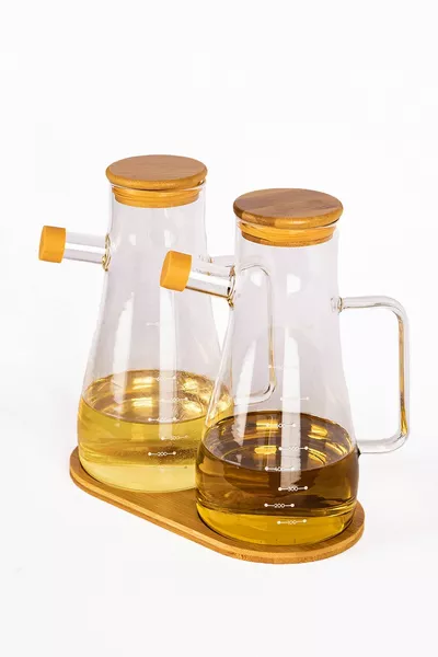Set da 2 bottiglie in vetro borosilicato con tappo sottovuoto e supporto,  ml per olio e aceto