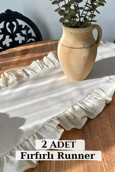 2 Stück Leinen-Tischläufer mit Rüschen 