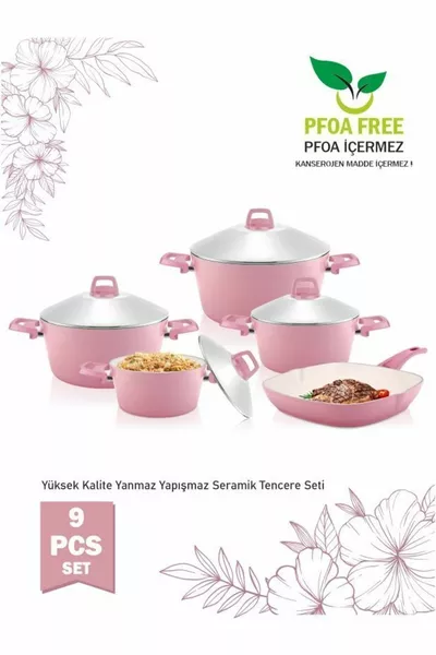 Pembe Seramik Yanmaz Yapışmaz Tencere Çeyiz Seti 9 Parça 5'li