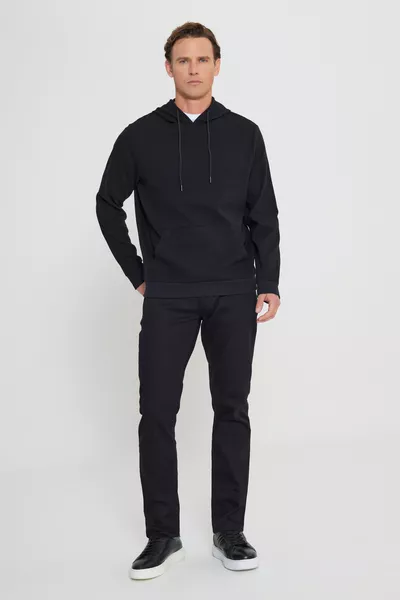 Men's Black 2-Ply Warm Standard Fit Regular Cut Hooded Textured Pocket Sweatshirt