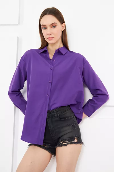 Women's Purple Oversized Long Basic Shirt