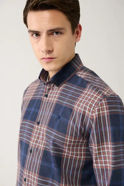 Men's Navy-Brown Button-Down Collar Cotton Plaid Flannel Shirt 