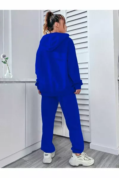 Happiness Tracksuit Sweatshirt Jogger - Sax Blue Printed Oversized Fleece Hoodie