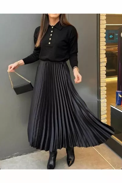 تنورة ساتان سوداء بطول منتصف الساق مطوية للنساء مع خصر مرن مخفي