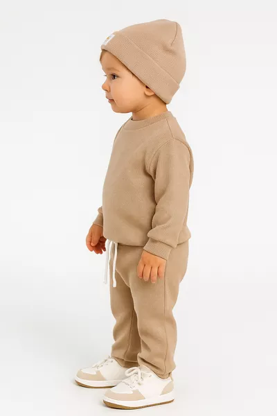 Soft Cotton 3-Piece Set with Beanie Beige