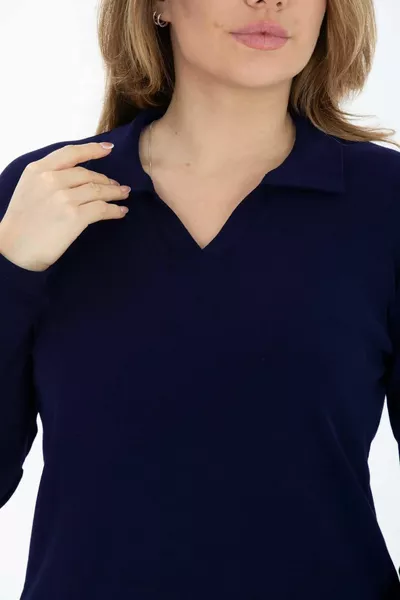 Curve Plus Size Cotton Stretch V-Neck Basic Plain Long Sleeve Navy Blouse