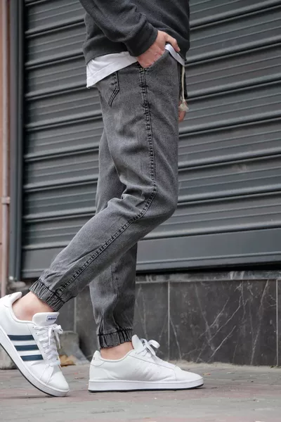Men's Jogger Jeans – Gray, Elastic Waist & Cuffs, Washed Denim