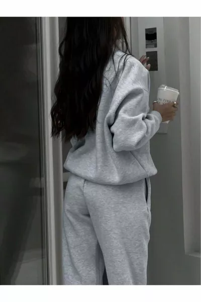 Базовый прямой спортивный костюм на молнии Свитшот Джоггер - серый оверсайз Воротник-стойка