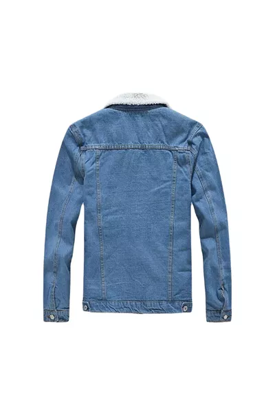 سترة وجاكيت جينز ضيقة للرجال باللون الأزرق الفاتح مبطنة بالفرو