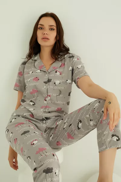 طقم بيجامة قطني بأزرار