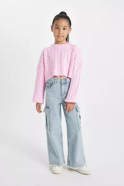 Girls' Crop Crew Neck Braided Knit Sweater au