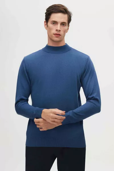 Regular Fit Blauw Katoenmix Halve Col Trui