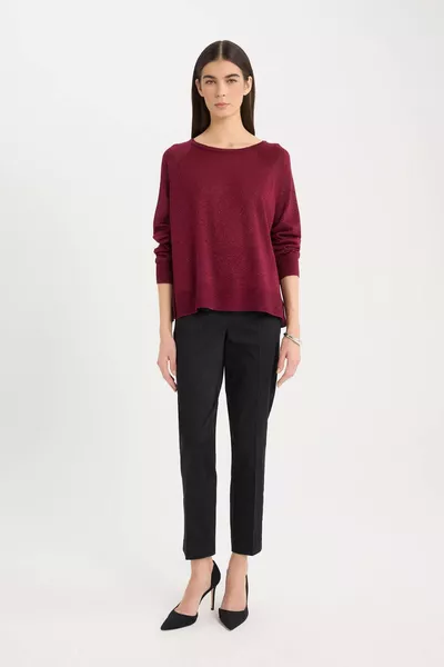 Pull en tricot basique bordeaux uni à col rond coupe régulière WN