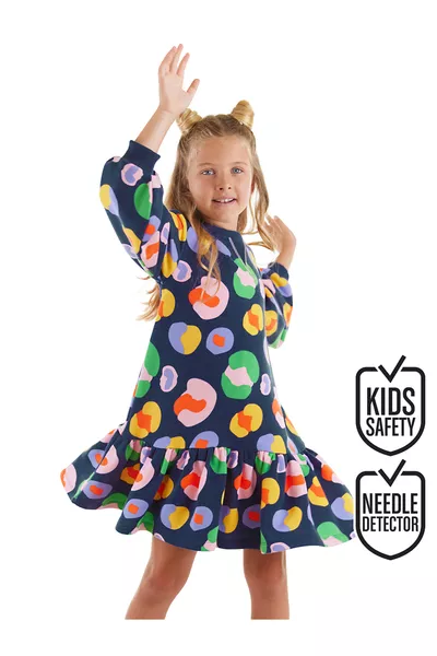 فستان فتاة صغير باللون الكحلي مزين بالزهور الملونة