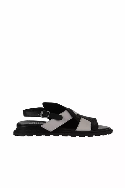Black Grey Leather Women's Sandals 