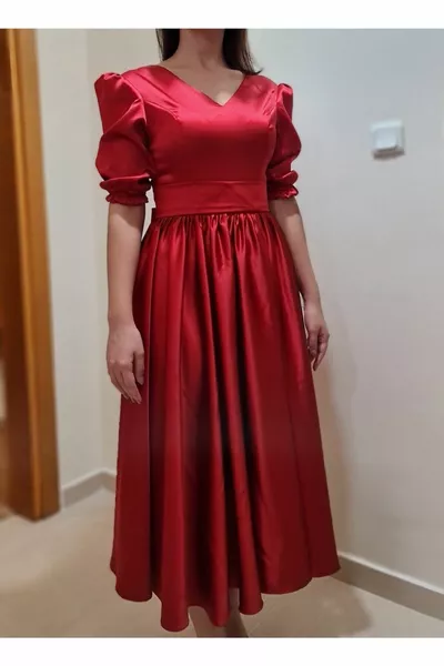 Midi Length Dress in Red Satin Fabric with Drawstring Watermelon Sleeves at the Waist