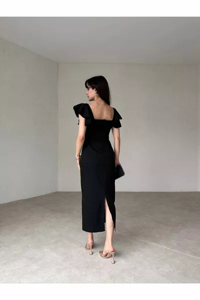 Квадратно деколте ръкав подробни цепка Атлас плат Midiboy черна рокля
