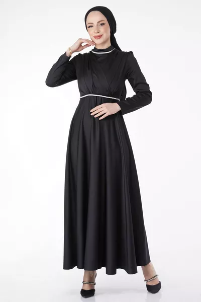 Robe de soirée plissée noire à col juge droit pour femmes - 