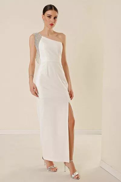 Single Shoulder Stone Chain Detailed Slit Front Lined Long Dress Ecru