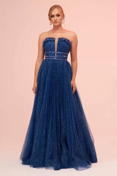 Navy Blue Strapless Low-Cut Tulle Engagement Dress