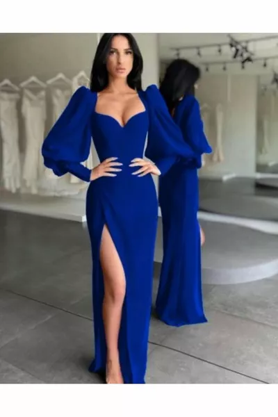 Sax blu palloncino manica cuore collare fessura abito da sera lungo da donna Sax blu