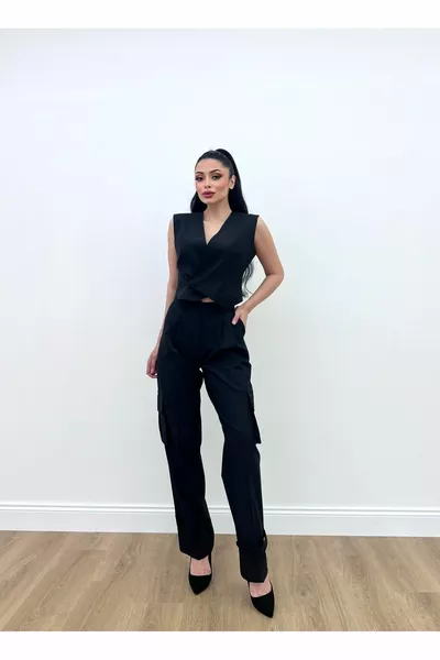 Women's Evening Dress Pants Vest Set Side Pocket Leg Belt Detailed Evening Dress Double Set