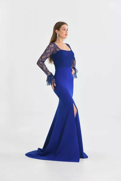 Spanish Sleeve French Lace Atlas Fabric Fish Model Slit Evening Dress