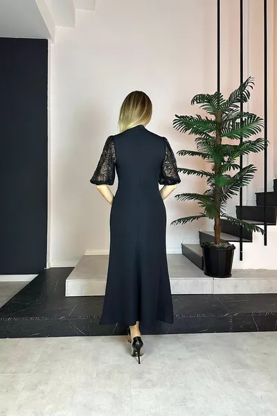  الدانتيل مفصلة ماكسي مساء اللباس الأسود