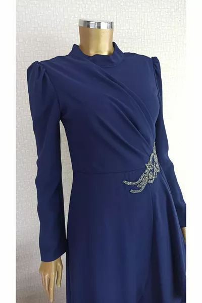  تنورة منتفخة الجبهة مطوي الخصر الحجر مفصلة صفر الرقبة Qks  مساء اللباس # 