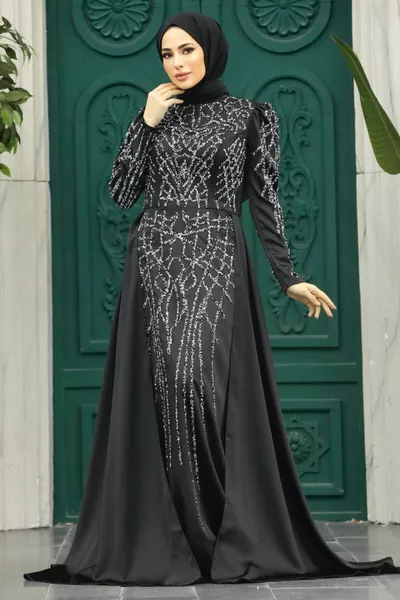Вечернее платье Хиджаб - Бисер Черный Хиджаб Вечернее Платье S