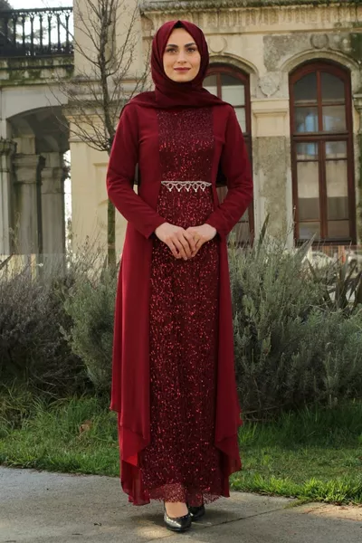 فستان سهرة نسائي بالترتر المفصل للحجاب - عنابي