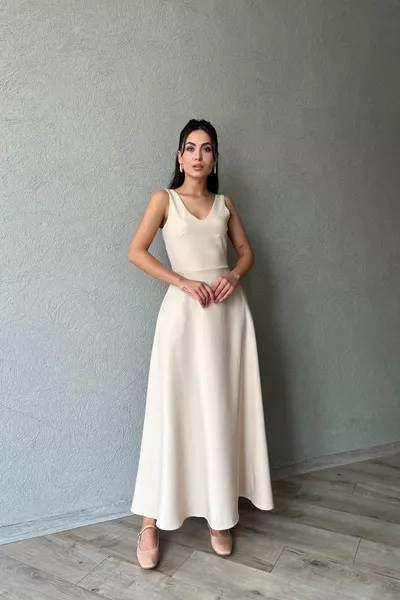 Beige Thick Strap Detailed Flared Dress