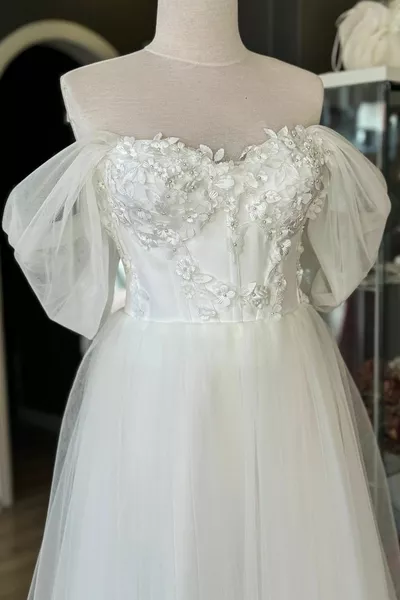 أبيض 3D الأزهار ميدي طول مساء اللباس وسهرة اللباس