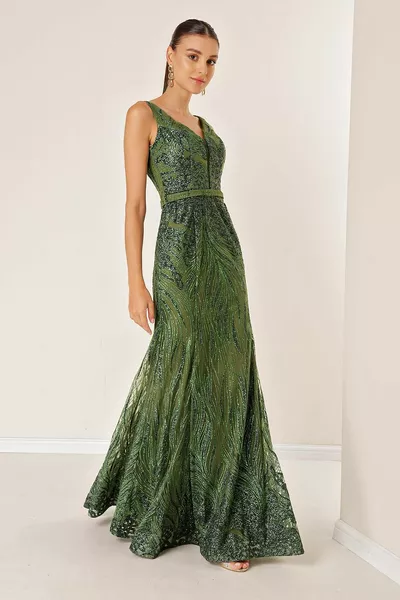 حزام سميك شبح تول اصطف بريق فستان طويل كاكي