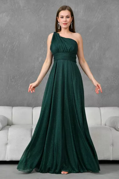Simli Kumaş Tek Omuz Asimetrik Yaka Astarlı Maxi Boy Zümrüt Abiye Elbise Mezuniyet Elbisesi 