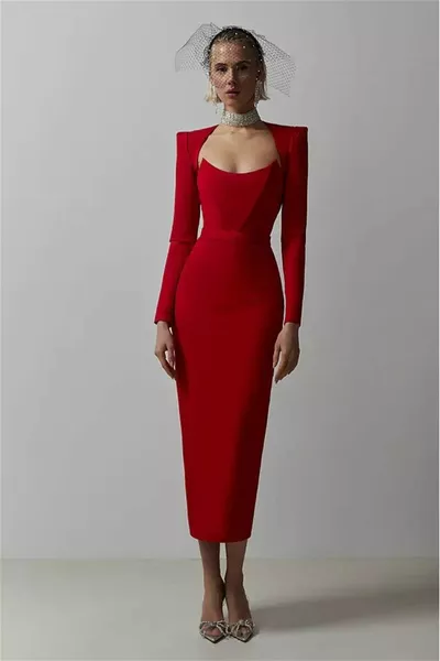 Red Bandage Fabric Midi Design Dress