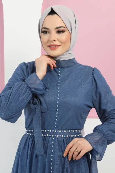 Inci Detaylı Simli Abiye Bebe Mavisi