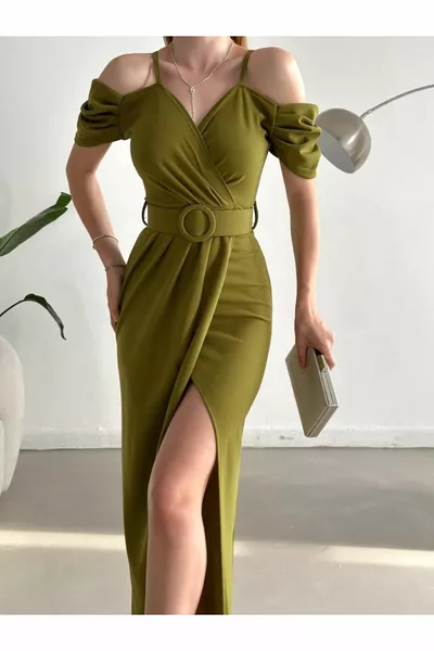 Low Shoulder Slim Strap Slit Belted Evening Dress