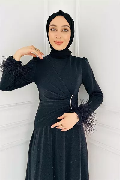 Sleeve Detail Glitter Evening Dress  Black