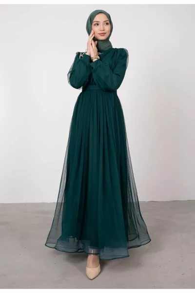 Detailed Draped Belted Tulle Evening Dress with Stones on the Front