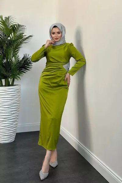 Arsu Beli Stone Evening Dress Oil Green