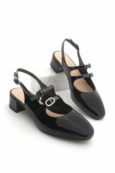 Women's Double Strap Open-Back Classic Heels Rosna Black Patent Leather